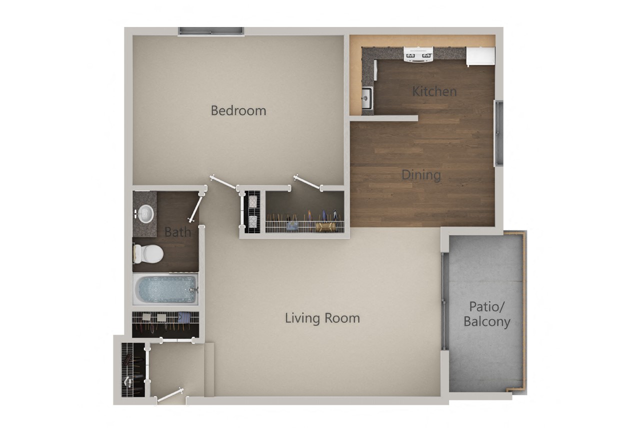 Floor plan for 1 bed, 1 bath, 785 sqft